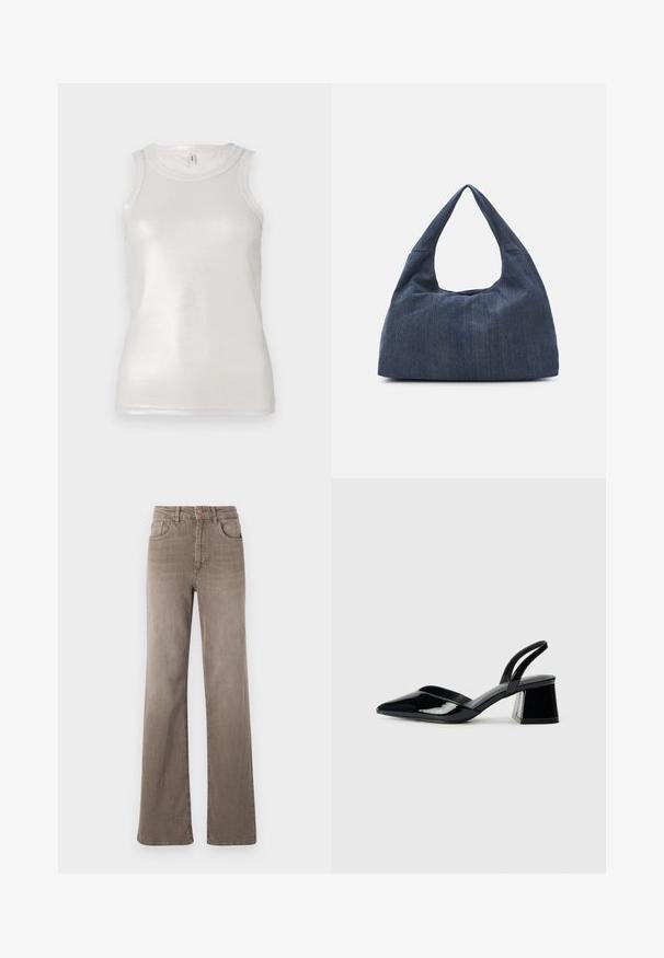 Crème tanktop met een getailleerd ontwerp, geribbelde textuur, mouwloze snit en een subtiele glans, met een eenvoudige ronde halslijn.; Bruine hoge taille straight-leg jeans met een knoop aan de voorkant, riemlussen en een klassieke vijf-pocket design op een witte achtergrond.; Zwarte gepatineerde leren slingback hakken met een spitse neus en een geometrische blokhak. Kenmerkt zich door een slank, minimalistisch ontwerp en een gladde textuur.; Donkerblauwe denim tas met een zachte, slungelige vorm, voorzien van een hobo-stijl handvat en een gestructureerd oppervlak. Geen zichtbare hardwareaccenten.
