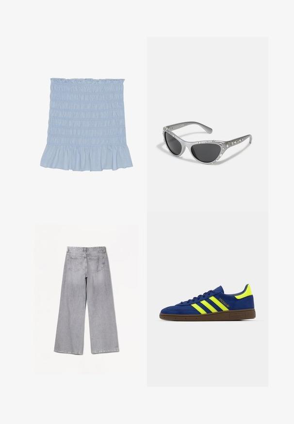 Ljusblå smockad kjol med volangkant, med texturerad sömnad över hela plagget och av mjukt bomullsblandat material.; Bershka WIDE-LEG - Wide leg - grey; Blå mockaskor med gula accenter och tre ränder; har en brun gummisula och broderad branding på sidan.; Silvriga kattöga-solglasögon med mörka linser, dekorerade med klara ädelstensaccentueringar längs bågen. Matt finish med böjd tempeldesign.