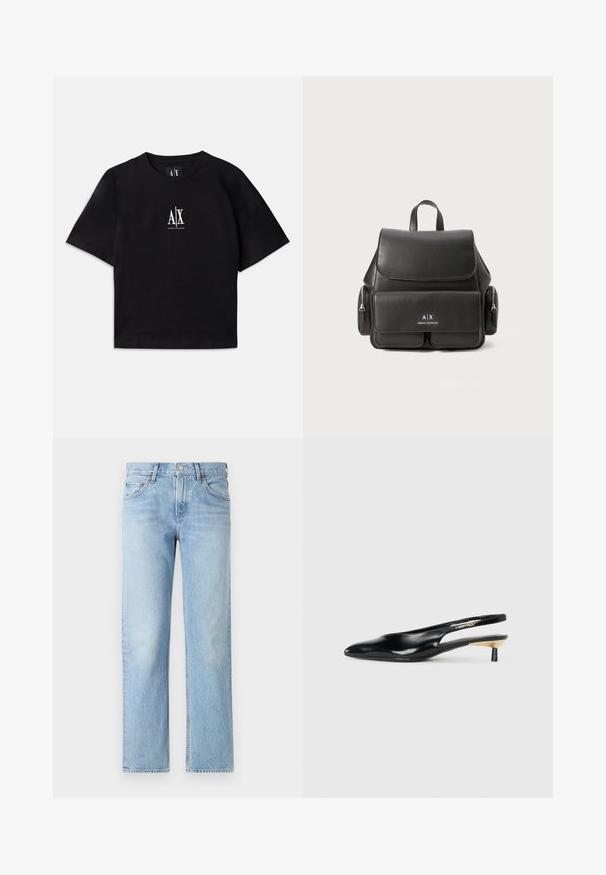 Svart bomullströja med korta ärmar och rundad halsringning. Har en vit logotyp centrerad på bröstet. Enkel, minimalistisk design.; Ljust blå denimjeans med rak passform, fem fickor, knapp- och dragkedjestängning samt en lätt blekt finish.; Svart slingback-pump med spetsig tå, glansigt läderfinish och en liten klack med guldaccent. Snygg design med öppen bak.; Svart läderryggsäck med lockstängning, framficka, sidofickor med dragkedja och ett handtag på toppen. Har logotypdetaljer på framsidan.