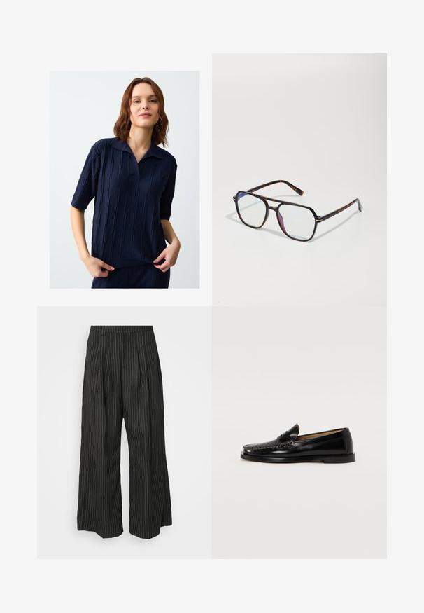 Granatowa koszulka polo z teksturowanego dzianiny, z kołnierzykiem i krótkimi rękawami. Posiada wzór w diamenty i prosty dół.; Czarne spodnie w szerokie nogawki w paski, z zakładkami, charakteryzujące się dopasowanym krojem i miękką teksturą. Brak widocznych metalowych elementów lub akcentów.; Czarne skórzane mokasyny z zaokrąglonym noskiem, dekoracyjnym przeszyciem i płaską podeszwą. Gładka tekstura i minimalistyczny design.; Okulary przeciwsłoneczne w wzór żółwia, o czworobocznym kształcie, z przezroczystymi soczewkami i cienkimi metalowymi akcentami na ramie.