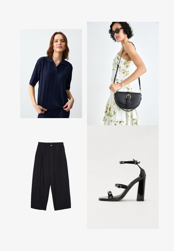 Polo shirt blu navy in maglia strutturata con colletto e maniche corte. Presenta un motivo a rombi e un orlo dritto.; Pantaloni culotte neri in poliestere con una cintura elastica, due pieghe frontali e una silhouette ampia. Nessun motivo visibile o dettagli in metallo.; Sandali con tacco in vernice nera, con punta squadrata, cinturini alla caviglia e fibbie in argento. Presentano un tacco a blocco spesso per maggiore stabilità.; Borsa a tracolla nera in pelle con una forma curva, manico rimovibile e accessori dorati. La borsa presenta una patta con un dettaglio a fibbia.