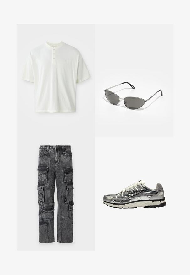 Balta trumpų rankovių marškinėliai su henley apykakle, turintys tris sagas ir mažą logotipą kairiajame krūtinės šone. Pagaminti iš medvilnės.; Krovinių kelnės iš išblukusios juodos džinsinės medžiagos. Yra keli šoninės kišenės, laisvas kirpimas ir matomi siuvimo detalės. Tekstūruota medžiaga su nusidėvėjimo išvaizda.; Sidabriniai ir juodi sportiniai bateliai su tinkline ir sintetiniu viršumi, apimanti dizaino forma ir tekstūruota apdaila. Yra paminkštinta apykaklė ir guminis padas.; Akiniai nuo saulės su elegantišku sidabro metaliniu rėmu, pilkai tonuotais objektyvais ir aerodinaminiu dizainu, turinčiu smailius kampus ir plonus šonus.