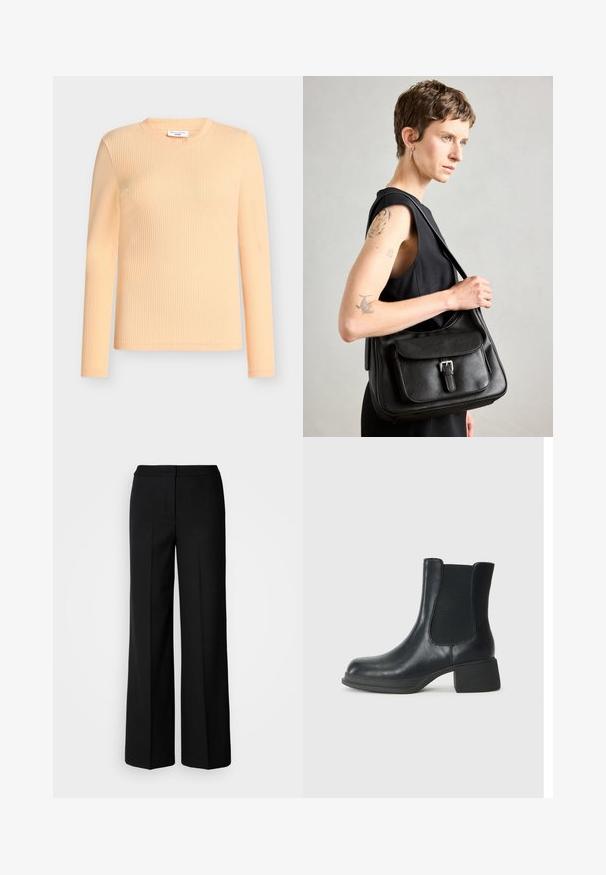 Long-sleeve ribbed top in light peach, featuring a round neckline and a fitted silhouette made of soft, stretchy fabric.; Black wide-leg trousers with a smooth fabric, featuring a high waist, tailored seams, and a minimalist design. No visible hardware or pockets.; Black leather ankle boot with elastic side panels, rounded toe, and a low block heel. The surface has a smooth texture and minimal detailing.; Black leather shoulder bag with a front flap, buckle detail, and a smooth texture. Features a single shoulder strap and a minimalist design.