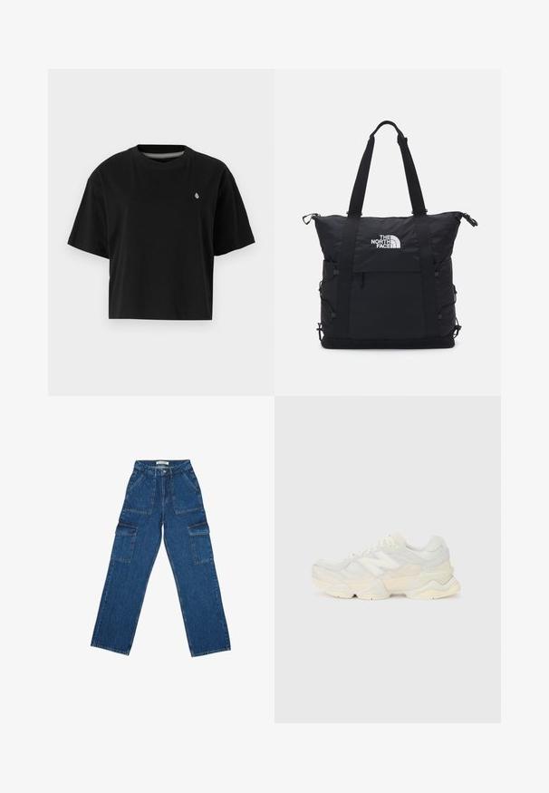 Black cropped t-shirt made of cotton, featuring short sleeves, a round neckline, and a small white logo on the left chest.; Wide-leg blue denim cargo pants with high waist, front pockets, and large side flap pockets, laid flat on white background.; Lightweight sneaker featuring a mesh and suede upper in soft cream tones, with a chunky sole and three-dimensional accents.; Black tote bag with a padded design, top zipper closure, dual short straps, and logo on the front; features side pockets and adjustable straps.
