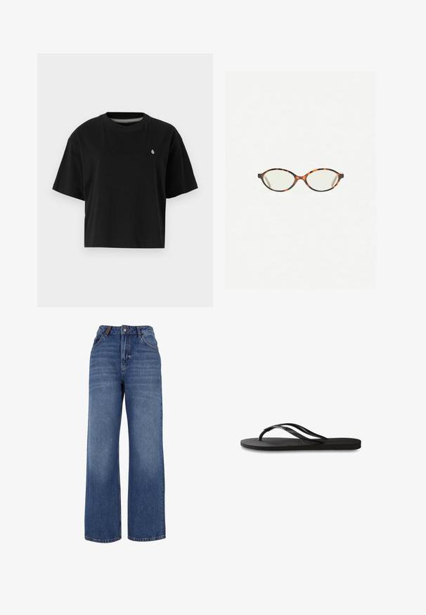 Black cropped t-shirt made of cotton, featuring short sleeves, a round neckline, and a small white logo on the left chest.; Wide-leg denim jeans made from medium-weight blue cotton fabric. Features classic five-pocket design and a zip fly with button closure.; Black flip-flop featuring a textured rubber sole, two slender straps, and a subtle, embossed logo detail on the strap.; Tortoiseshell eyeglasses with oval lenses and a sleek, smooth finish. Features thin sides with a subtle curve at the temples. Clear lenses.