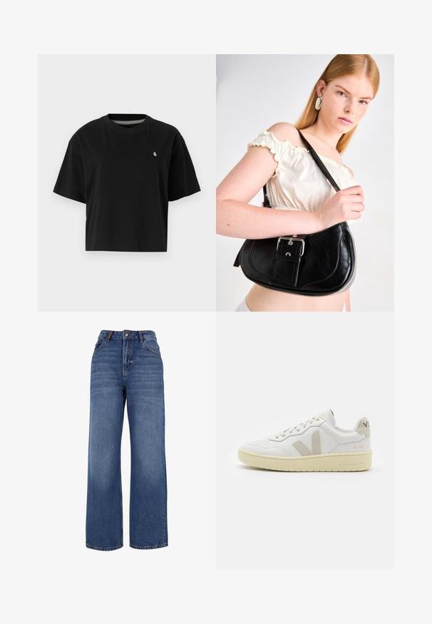 T-shirt court noir en coton, avec des manches courtes, un col rond et un petit logo blanc sur la poitrine gauche.; Jeans en denim à jambes larges en tissu de coton bleu de poids moyen. Comprend un design classique à cinq poches et une fermeture à glissière avec bouton.; Baskets blanches en cuir avec des accents en daim beige, boîte à orteils perforée, lacets plats et semelle texturée crème. Présente un logo discret au talon.; Sac à épaule en cuir noir au design arrondi, matériel en argent poli et étiquette amovible. Texture lisse avec des détails de couture subtils.