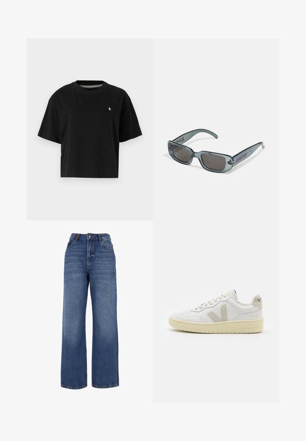 T-shirt court noir en coton, avec des manches courtes, un col rond et un petit logo blanc sur la poitrine gauche.; Jeans en denim à jambes larges en tissu de coton bleu de poids moyen. Comprend un design classique à cinq poches et une fermeture à glissière avec bouton.; Baskets blanches en cuir avec des accents en daim beige, boîte à orteils perforée, lacets plats et semelle texturée crème. Présente un logo discret au talon.; Santa Cruz INFERNO UNISEX - Lunettes de soleil - crystal black