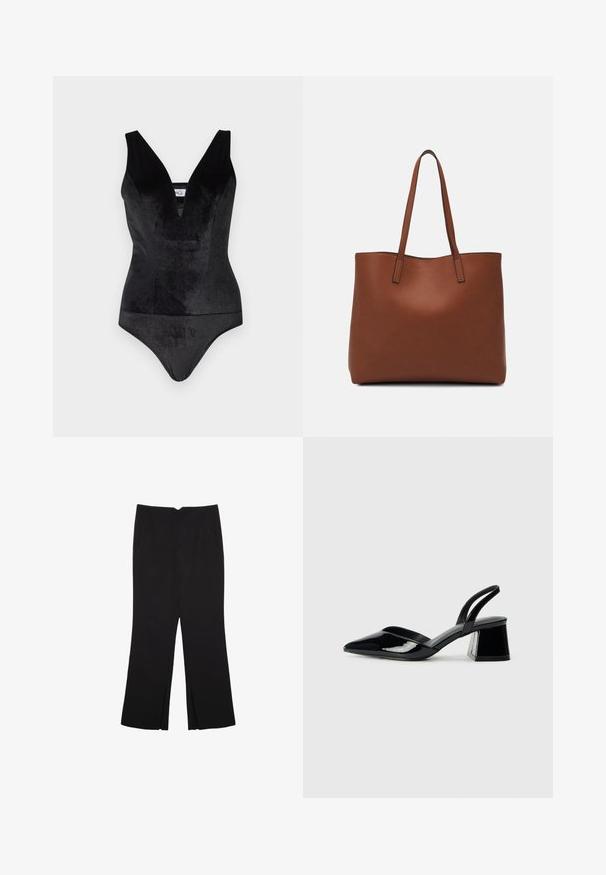 Črn bodi z globokim V-izrezom, izdelan iz gladkega in raztegljivega materiala, z širokimi naramnicami in prilegajočo se silhueto.; Črne hlače ravnega kroja z naglavnimi žepi in stranskimi razporki na robu. Narejene iz mehke, gladke tkanine. Primerne za različne priložnosti.; Črne lakirane slingback pete s koničastim nosom in geometrijsko blokasto peto. Imajo eleganten, minimalističen dizajn in gladko teksturo.; Rjava usnjena torba z gladko teksturo, odprto zasnovo zgoraj in dvema naramnima trakovoma. Opremljena je z minimalnim šivanjem in brez vidnih kovinskih delov.