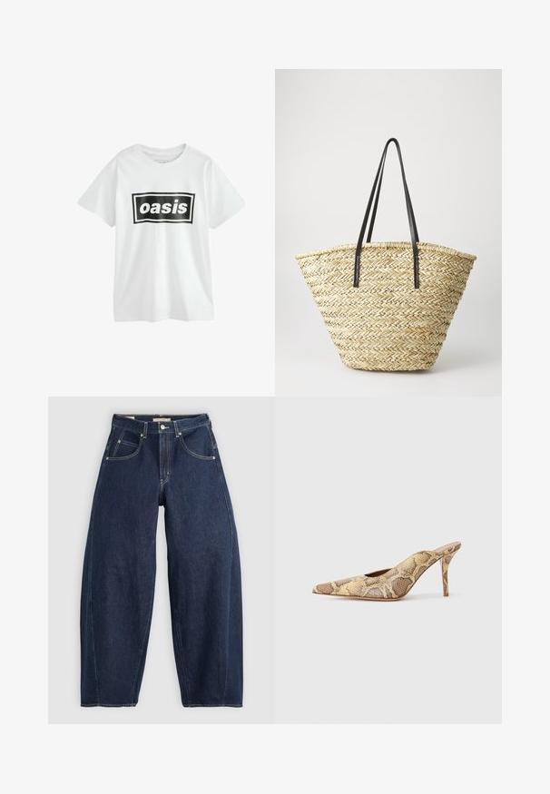 Hvid bomulds t-shirt med en sort rektangulær grafik, der står "oasis" med fede hvide bogstaver, med korte ærmer og rund halsudskæring.; Mørkeblå denim jeans med løs pasform, lyse syninger, fem lommer og en knaplukning ved taljen.; Skarpe slingback stiletthæle i et tekstureret slangeskindsprint med beige og brune nuancer; har en stiletto hæl og udskårne sider.; Vævet stråtaske med en bred, afsmalnet form, der har to sorte læderhåndtag. Naturlig beige farve med en tekstureret overflade.
