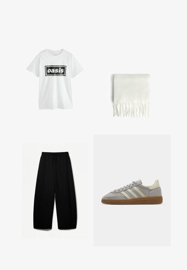Hvid bomulds t-shirt med en sort rektangulær grafik, der står "oasis" med fede hvide bogstaver, med korte ærmer og rund halsudskæring.; Sorte brede bukser med elastisk talje og snøre. Blødt stof med en glat overflade. Lige snit med sidesøm.; Grå suedet sko med lysegrå læderstriber og en gummigummisole. Funktioner inkluderer snørebåndslukning og subtil branding på tungen.; Hvid fleece-scarf med frynset kanter, blød tekstur og rektangulær form. Velegnet til lagdeling og til at give varme.