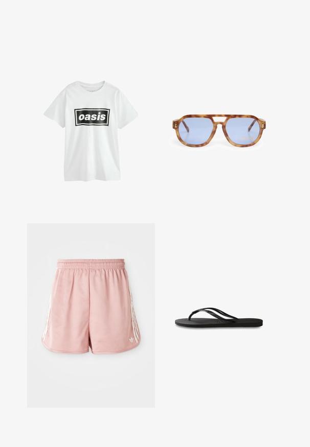 Hvid bomulds t-shirt med en sort rektangulær grafik, der står "oasis" med fede hvide bogstaver, med korte ærmer og rund halsudskæring.; Lyserøde atletiske shorts med elastisk talje, hvid stribe detaljering på siden og et lille logo på den nederste venstre forside. Glat stofstruktur.; Sorte flip-flop med en tekstureret gummisål, to slanke stropper og et subtilt, præget logodetalje på stroppen.; Skildpadde-solbriller med blå linser, vinkelret design, tykk ramme og næsebryggeudskæring; har guldaccent på stængerne.; Vævet stråkurv med brune læderdetaljer, to håndtag og en aftagelig rem. Buet form med en robust bund.