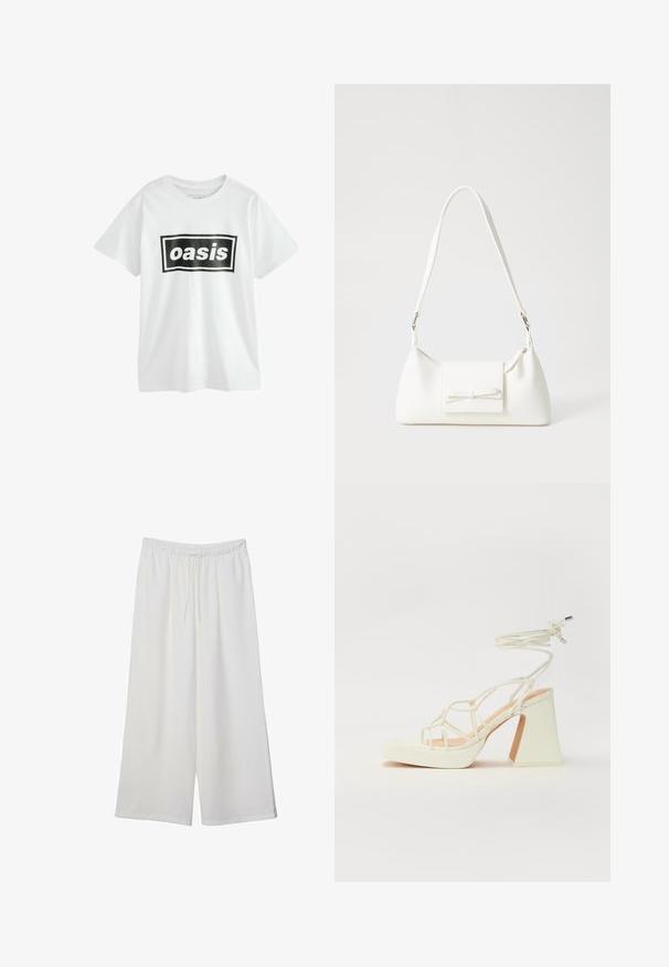 Vit bomullströja med en svart rektangulär grafik som visar "oasis" i fetvita bokstäver, med korta ärmar och rundad halsringning.; Vita vida byxor i lätt tyg med elastisk midja och dragsko för justerbar passform. Mjuk textur.; Vit högklackad sandal med en kraftig klack, med ett remdesign och ankelband. Slät textur med en plattform framtill för ökad höjd.; Vit syntetisk handväska med triangulär form, platt framklaff och rosettdetalj, justerbar rem, slät textur och minimalistisk design.