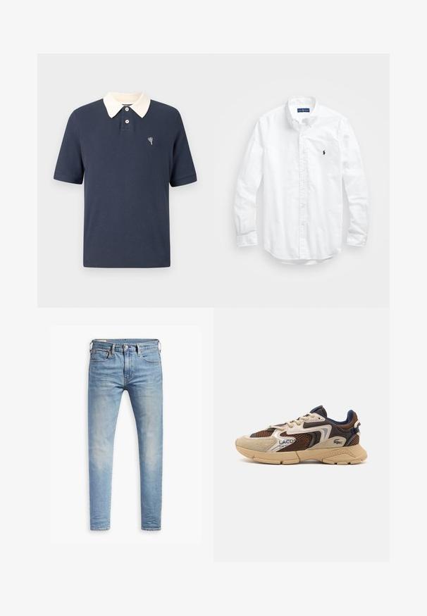 Marineblå polo med kremfarget krage, korte ermer, ribbestruktur, treknapps åpning og liten brodert hjerte på brystet.; Hvit langermet skjorte i bomull med knapper. Har en klassisk krage, knappe mansjetter og en liten marineblå brodert logo på brystet.; Lyseblå slim-fit jeans med svak falming på lårene, frontknappelukking, beltehemper, og fem-lomme design på hvit bakgrunn.; Beige og brun sneaker med teksturerte mesh-paneler, semsket skinndetaljer, og gummisåle. Har snøring og merkeinformasjon.