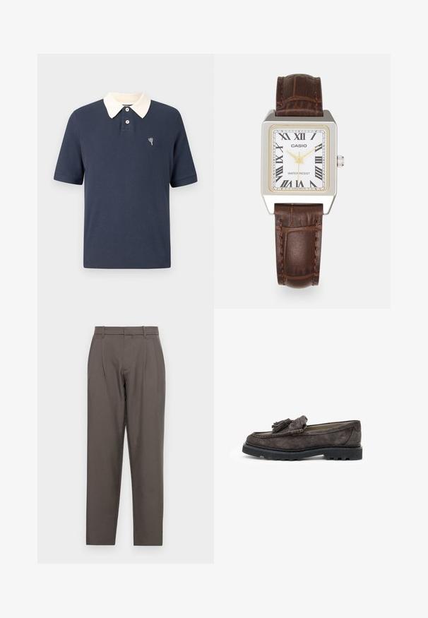Navyblaues Poloshirt mit cremefarbenem Kragen, kurzen Ärmeln, gerippter Struktur, Dreiknopf-Leiste und kleinem, auf die Brust gesticktem Herzmotiv.; Jack & Jones JPSTBILL JJDAYTONA WIDE - Stoffhose - pavement; Dunkelgraue Wildlederslipper mit einem Quastenelement an der Vorderseite, flacher Gummisohle und kontrastierenden Nähten entlang der Kante.; Rechteckige Casio-Uhr mit weißem Zifferblatt, goldenen Akzenten, römischen Ziffern und einem braunen Lederarmband im Krokodil-Muster. Wasserdichtes Design.; Silberne Creolen mit großen, runden, weißen Perlen. Das Design bietet eine glatte Textur und einen sicheren Verschluss zur Befestigung.