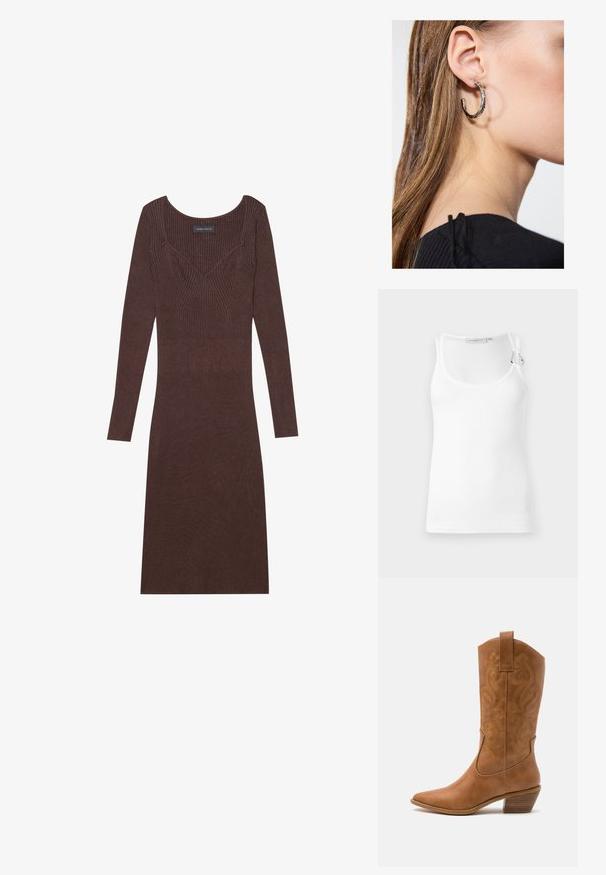 White ribbed tank top featuring a rounded neckline and adjustable strap detail. Smooth texture with a fitted shape.; Brown ribbed long-sleeve dress with a scoop neckline and fitted silhouette. Features v-shaped stitching detail on the bodice.; Tan leather cowboy boot with pointed toe, embroidered swirl patterns on shaft, and a stacked block heel. Features a pull tab for easy wear.; Silver hoop earring with a polished finish, featuring small gold accent details and a round shape, worn on the lobe.