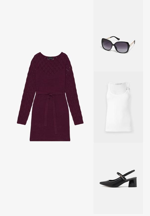 Fehér bordázott trikó, kerek nyakkivágással és állítható vállpántokkal. Simaságával és testhezálló formájával kiemelkedik.; Burgundi színű kötött ruha hosszú, gyémánt mintás ujjakkal, kerek nyakkivágással és deréknál illeszkedő övvel.; Fekete lakk bőr, pántos magassarkú cipő, hegyes orral, lekerekített kivágással és tömbsarkal. Arany színű csat díszíti.; Fekete, oversize napszemüveg fokozatos árnyalatú lencsékkel, vastag kerettel és arany színű lánc díszítéssel a szárakon.; Fekete kézi táska strukturált formával, sima textúrával és fémből készült záródással. Széles fekete nadrággal és nyitott orrú szandállal párosítva, fából készült padlón.