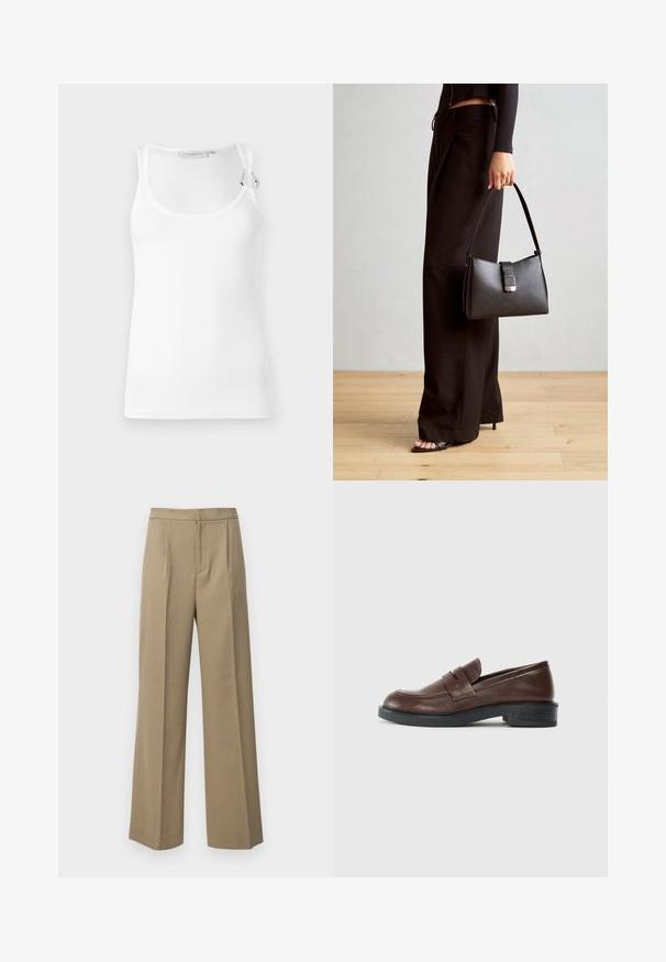 Valge ribadisärk, millel on ümar kaelus ja reguleeritav rihma detail. Sile tekstuur ja slim-fit vorm.; Beeži laiad püksid, mis on valmistatud tekstuuriga kangast. Omavad esiseid voldikesi ja lamedat vööd. Ei ole nähtavaid kinniseid ega taskuid.; Pruunid nahast loafersid ümarate varvastega, dekoratiivse rihmaga peal, madala ja tekstuurse musta kummist kontsaga.; Must musta kott, millel on struktureeritud kuju, sile tekstuur ja metallist klamber. Kombineeritud laiate mustade pükstega ja avatud varvaste sandaalidega puidust põrandal.
