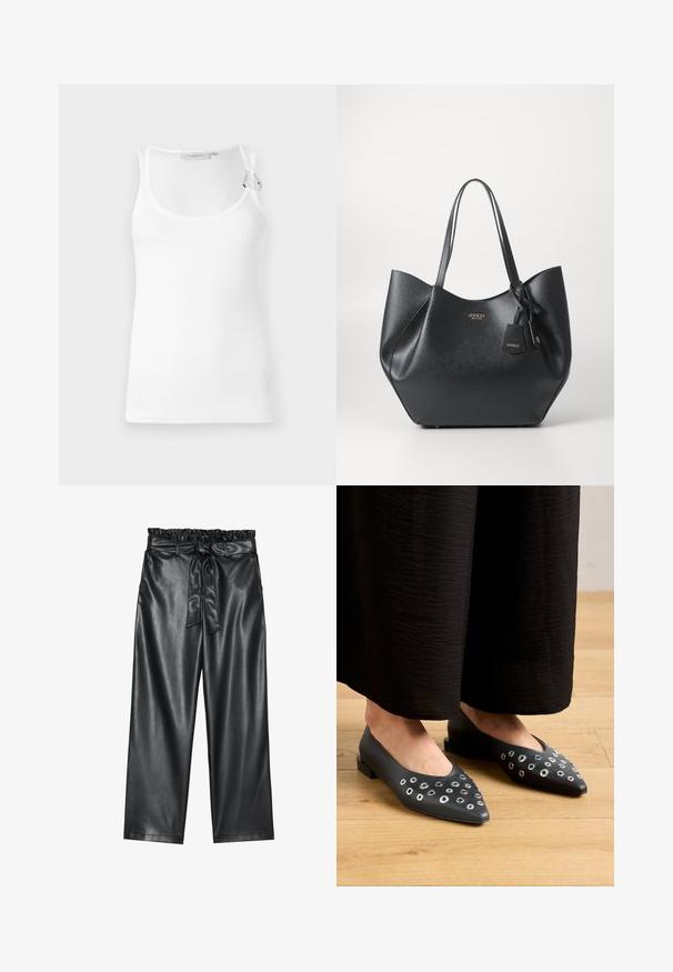Weißes, geripptes Tanktop mit rundem Ausschnitt und verstellbaren Trägern. Glatte Textur mit körperbetontem Schnitt.; Schwarze weite Hosen aus Kunstleder mit einem elastischen, rüschierten Bund und einem abnehmbaren Bindegürtel. Glatte Textur und minimaler Glanz.; Schwarze Lederballerinas mit spitzem Zehenbereich, die mit Metallösen in verschiedenen Größen verziert sind, sowie einem niedrigen, quadratischen Absatz. Glatte Textur auf Holzboden.; Schwarze Tragetasche aus texturiertem Synthetikmaterial mit breiter Silhouette, ausgestattet mit zwei Griffen und einem Markenanhänger.; Silberne Creolen mit polierter Oberfläche, die kleine goldene Akzentdetails und eine runde Form aufweisen, am Ohrläppchen getragen.