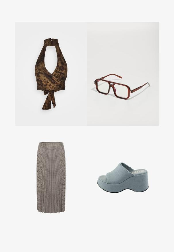 Hnědý halter top s hlubokým výstřihem do V a zavinovacím designem, zdobený květinovými vzory a texturovanou tkaninou; uvazuje se v pase.; Plisovaná midi sukně v černobílé kostkované vzoru. Disponuje pasem a texturovanou tkaninou se střihém do rovna.; Svetle modré platformové skluzné sandály s třepenou textilií nahoře, otevřenou špičkou, silnou zaoblenou podrážkou a texturovanou šedou podešví.; Hnědé transparentní oversized brýle s obdélníkovými skly a štíhlými rámky. Šikmé, mírně zaoblené rohy a viditelné kovové detaily.