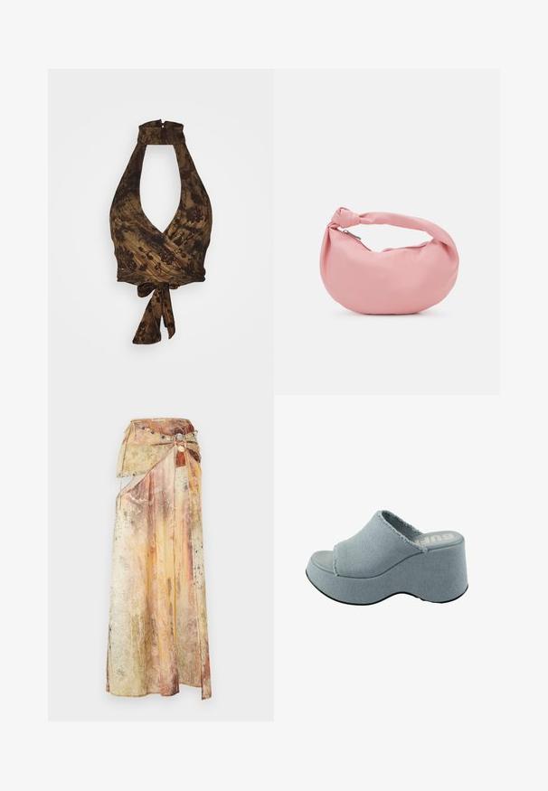 Brun halterneck top med dyp V-hals og omslagsdesign, med blomsterdesign og teksturert stoff; knytes i midjen.; Lang, drapert skjørt laget av lagdelt, teksturert stoff i varme toner av gult, oransje og brunt. Har et dekorativt perlebelt. ; Lys blå plattformssandal med frynsete tekstiloverdel, åpen tå-design, tykk, rund såle og teksturert grå yttersåle.; Even&Odd Håndveske - pink