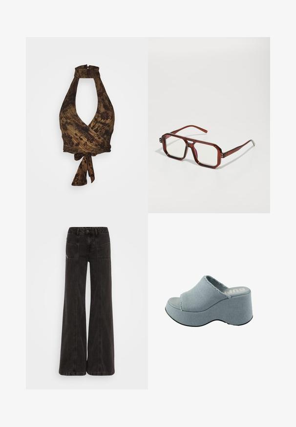 Brūns halter tops ar dziļu V veida kakla izgriezumu un ietinamā dizaina, ziedu rakstiem un teksturētu audumu; sasienams jostasvietā.; Melni platajā kājā džinsi, izgatavoti no denim, ar augstu jostasvietu, priekšējām kabatām un tonāliem šuvju dūrieniem.; Gaiši zilas platformas slaidu sandalji ar saplaisītu audumu augšdaļu, atvērtu purngalu, biezu, noapaļotu zoli un strukturētu pelēku apakšdaļu.; Brūni caurspīdīgi lieli briļļu rāmji ar taisnstūra lēcām un slaidām kājām. Leņķīgas, nedaudz noapaļotas stūri un redzami stiprinājumi.