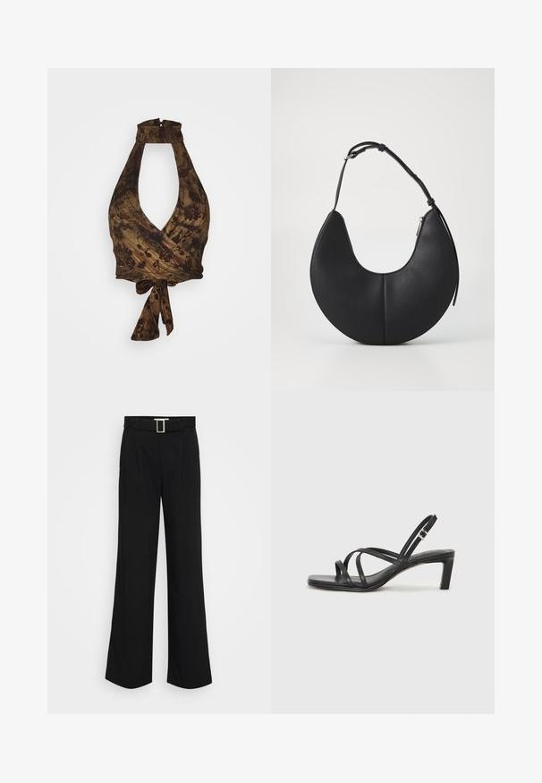 Brązowy top na ramiączkach z głębokim dekoltem w kształcie V i fasonem kopertowym, ozdobiony kwiatowymi wzorami oraz teksturowanym materiałem; wiązany w talii.; Czarne szerokie spodnie wykonane z lekkiej tkaniny, charakteryzujące się gładką fakturą, fałdami z przodu oraz paskiem z kwadratową metalową klamrą.; Czarne sandały na obcasie z prostokątnym noskiem i niskim słupkowym obcasem. Posiadają wiele cienkich pasków i regulowany pasek na kostkę. Wykonane z gładkiej skóry.; Czarna skórzana torebka w kształcie półksiężyca o gładkiej fakturze, z jedną regulowaną rączką i zamknięciem na zamek z boku.