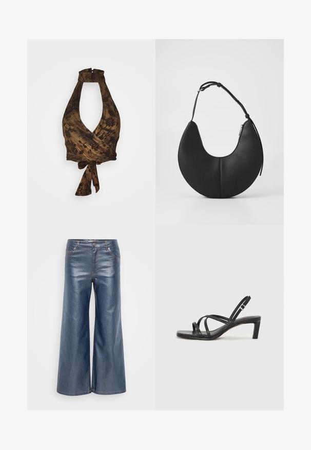 Brązowy top na ramiączkach z głębokim dekoltem w kształcie V i fasonem kopertowym, ozdobiony kwiatowymi wzorami oraz teksturowanym materiałem; wiązany w talii.; Luźne dżinsy w ciemnym niebieskim kolorze, charakteryzujące się gładką fakturą, pięcioma kieszeniami oraz kontrastowym ściegiem. Z przodu zapinane na guzik i zamek.; Czarne sandały na obcasie z prostokątnym noskiem i niskim słupkowym obcasem. Posiadają wiele cienkich pasków i regulowany pasek na kostkę. Wykonane z gładkiej skóry.; Czarna skórzana torebka w kształcie półksiężyca o gładkiej fakturze, z jedną regulowaną rączką i zamknięciem na zamek z boku.