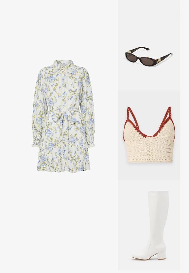 Hæklet bralette i creme og rust, med trekantede skåle, justerbare stropper og en åben vævning med intrikate detaljer.; Blomsterkjole i hvid med blå og grønne blomster, med krave, knaplukning foran, lange ærmer med elastiske manchetter og et bånd i taljen.; Hvide knæhøje støvler med en glat, blank finish. Firkantet blokhæl og diskret syningsdetalje langs siden.; Skildpaddemønster solbriller med aflange ovale linser, brun farve, guldlogo accenter på stængerne og slanke sorte arme.; Beige mønsteret taske med en buet form, læderdetaljer og et guldtonet logo på fronten. Har et kort håndtag for nem bæring.; Perle- og krystalhalskæde med et rundt, perlekantet design i lyse nuancer, der præsenterer skiftevis perler og glitrende detaljer, båret om halsen.