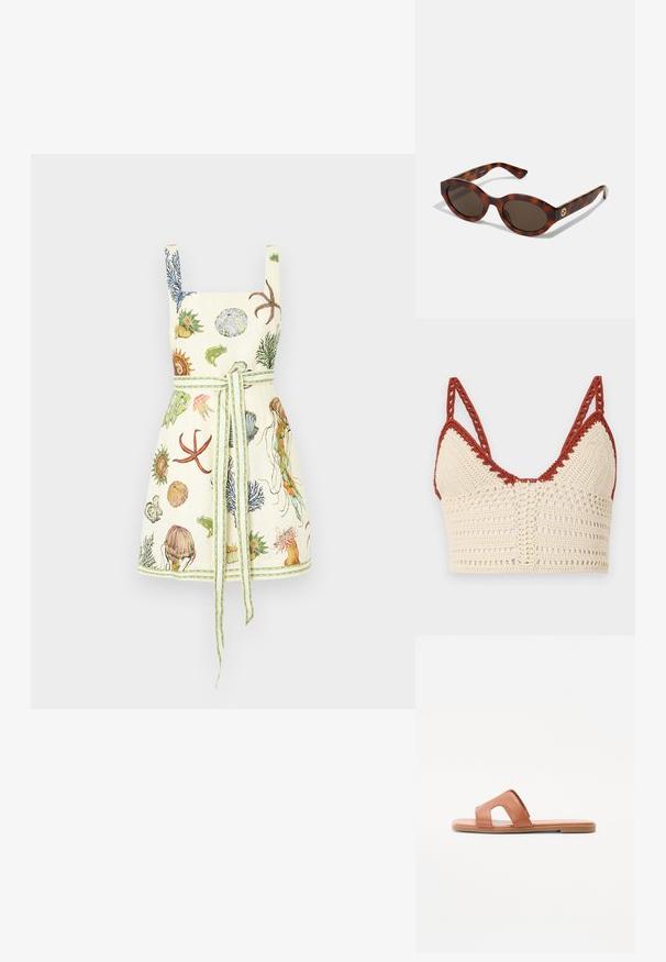 Bralette all'uncinetto in crema e ruggine, con coppe triangolari, spalline regolabili e una trama aperta con dettagli intricati.; Alemais SEA MINI DRESS - Vestito casual - cream; Sandal in pelle marrone con design open toe, ampia fascia con dettaglio a taglio, suola piatta e texture liscia.; Occhiali da sole in tartaruga con montatura arrotondata, lenti scure e dettagli in oro sul tempio. Materiale in plastica liscia, senza schemi visibili.