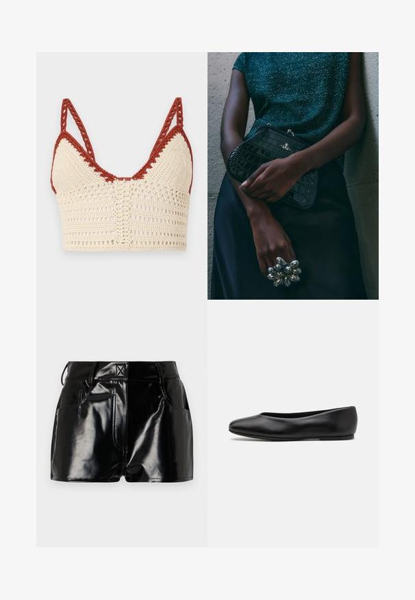 Szydełkowy biustonosz w kolorze kremowym i rdzy, z trójkątnymi miseczkami, regulowanymi ramiączkami oraz ażurową teksturą z misternymi detalami.; Czarne, błyszczące spodenki wykonane z materiału syntetycznego. Posiadają dopasowaną talię, szlufki na pasek oraz przednie kieszenie z wyraźnymi detalami stębnowania.; Paul Smith TOPANGA czarny; Czarna kopertówka w wzór krokodyla z srebrnymi akcentami, trzymana na szarym, teksturowanym tle. Posiada błyszczącą powierzchnię.