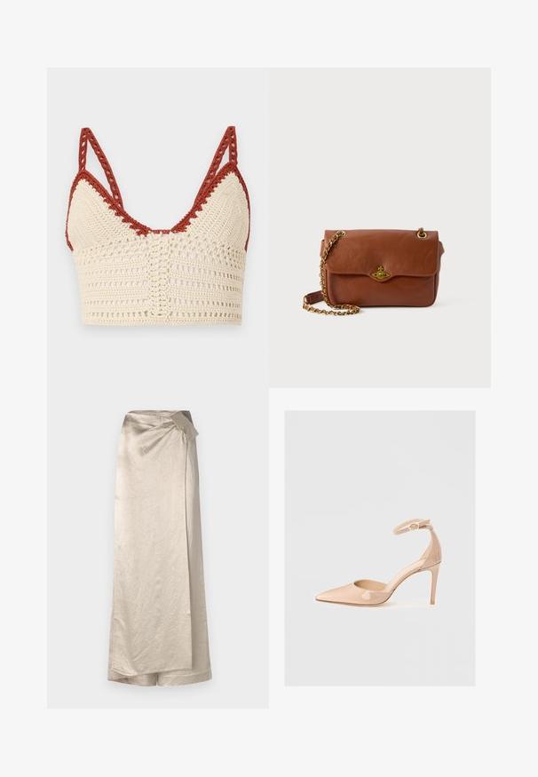 Kootud bralette kreemi- ja rauakülge, millel on kolmnurksed karikad, reguleeritavad rihmad ja avatud kootud tekstuur koos detailsete kaunistustega.; Pikk beez värvi seelik, mis on valmistatud läikivast ja tekstureeritud kangast. Omaduseks on tõmblukuga disain külgharuga ja puhas äär.; Naha nahkadele paigutatud teravvarvaste jalanõud, millel on pahkluu rihm ja stilettokõrgus, silmapaistva sileda tekstuuri ja minimalistliku disainiga.; Pruunist nahast risti keha kott klapiga kinnitusega, kuldsetest detailidest ja ahelaga rihmast. Sile tekstuur, ristkülikukujuline kuju, minimaalsete detailidega.