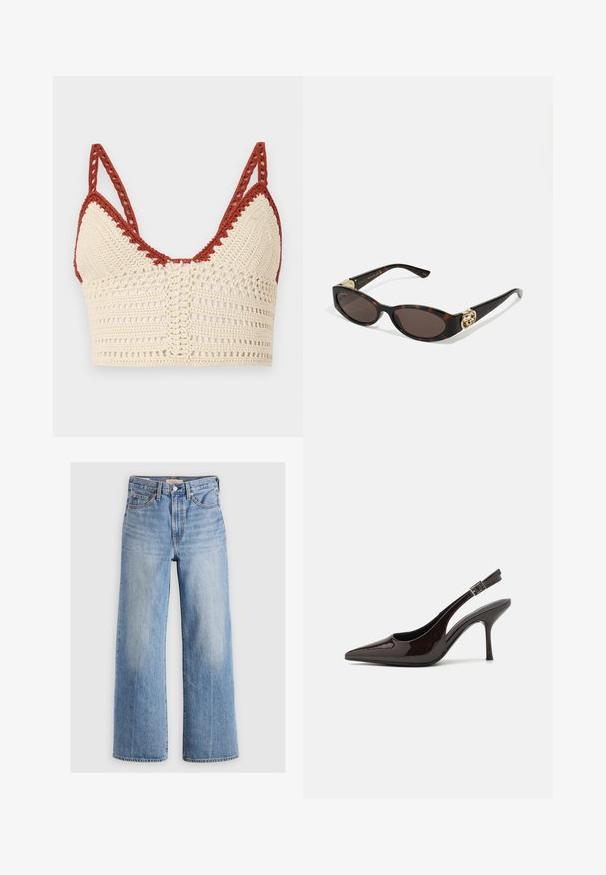 Crochet bralette in cream and rust, featuring triangular cups, adjustable straps, and an open weave texture with intricate detailing.; Light blue denim wide-leg jeans with a high waist, faded areas, five pockets, and contrast stitching. Classic button and zipper closure.; Slingback high-heeled shoe in glossy dark brown patent leather, pointed toe, open sides, and adjustable ankle strap.; Tortoiseshell sunglasses with elongated oval lenses, brown tint, gold logo accents on temples, and sleek black arms.; Gold swirl earrings with clear backing, featuring textured gold accents and small clear gemstones embedded in the design.