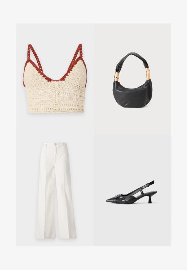 Crochet bralette in cream and rust, featuring triangular cups, adjustable straps, and an open weave texture with intricate detailing.; White wide-leg trousers made from cotton with a smooth texture. Features a front button, zipper fly, and four-pocket design.; Black leather slingback shoe with a pointed toe, decorative straps featuring metal eyelets, and a low block heel. Textured surface.; Black leather handbag with a round shape, soft texture, and a knotted handle featuring gold-tone hardware accents. Zipper closure.