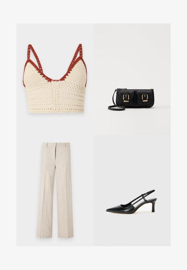 Háčkovaný bralet v krémové a rezavé barvě, s trojúhelníkovými košíčky, nastavitelnými ramínky a otevřenou vazbou s jemnými detaily.; Beige široké kalhoty z lehkého materiálu, s hladkou strukturou a čistými předními sklady. Pas je upraven s poutky na pásek.; Černé lakované slingback podpatky s špičatou špičkou, zdobené texturovaným hadím vzorem, nastavovacím páskem a krátkým texturovaným blokovým podpatkem.; Černá kožená crossbody taška se dvěma předními kapsami, zlatými přezkami, zipovým uzávěrem a štíhlým popruhem. Texturovaný povrch a kompaktní obdélníkový tvar.