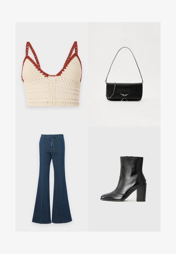 Bralette de ganchillo en crema y óxido, con copas triangulares, tirantes ajustables y una textura de tejido abierto con detalles intrincados.; Pantalones de mezclilla acampanados en azul oscuro, con costuras estructuradas y un acabado limpio. Presenta una cinturilla de altura media y piernas anchas y fluidas.; Botín negro de cuero con textura suave, puntera puntiaguda y un tacón alto y robusto. Presenta una apertura lateral y un diseño minimalista.; Bolso de mano de cuero negro con una correa de cadena plateada, que presenta acentos decorativos en forma de alas y costuras blancas a lo largo de la costura inferior.