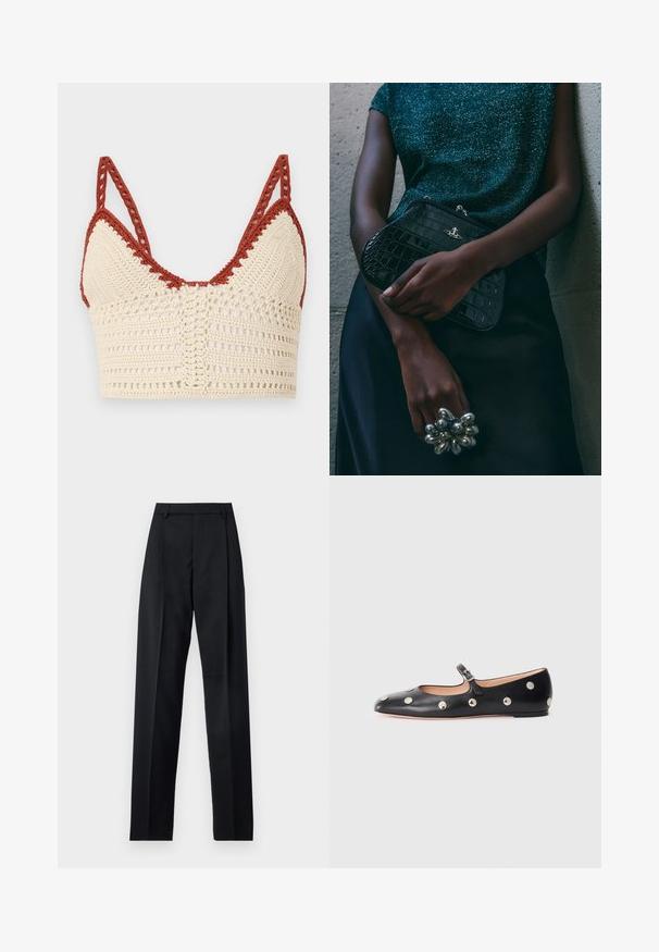 Szydełkowy biustonosz w kolorze kremowym i rdzy, z trójkątnymi miseczkami, regulowanymi ramiączkami oraz ażurową teksturą z misternymi detalami.; Czarne spodnie wykonane z gładkiego materiału, z wysokim stanem, szerokimi nogawkami, fałdami z przodu i klasycznymi szlufkami na pasek. Brak widocznych kieszeni bocznych.; Czarne skórzane buty typu Mary Jane na płaskim obcasie z zaokrąglonym czubkiem, ozdobione srebrnymi okrągłymi ćwiekami oraz regulowanym paskiem z klamrą.; Czarna kopertówka w wzór krokodyla z srebrnymi akcentami, trzymana na szarym, teksturowanym tle. Posiada błyszczącą powierzchnię.
