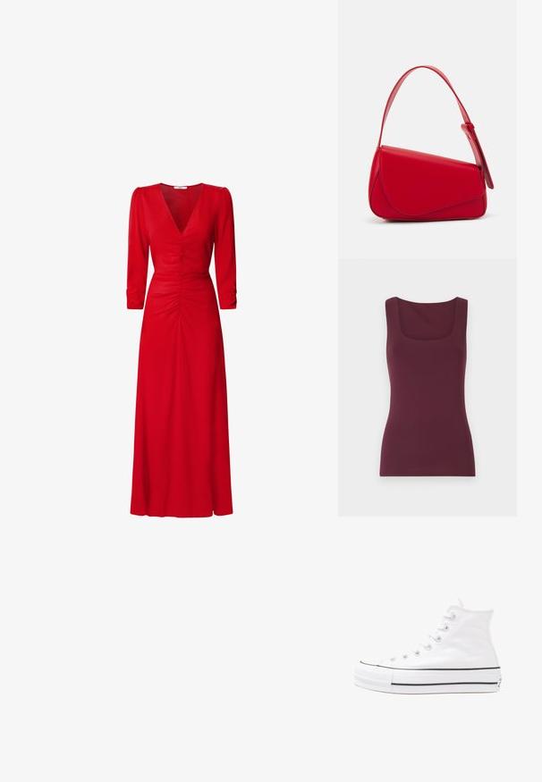 Burgundia värvi ilma varrukateta topp ruudukujulise kaelusega, valmistatud pehmest ja venivast kangast, millel on liibuv siluett ja sile tekstuur.; Punane kleit V-kaelusega, kolmeveerandvarrukatega ja kokku tõmmatud detailidega vöökoha ja selja juures. Kangas näib olevat sile ja kerge.; Valge kõrgem kangast tenniseking, millel on must kummist tald, ees kummist varvasetugi ja kuus aukku paelte jaoks, pakkudes puhta ja minimalistliku disaini.; Punane nahast käekott, millel on nurkadega geomeetriline disain. Omab ühte reguleeritavat rihma ja klappidega sulgemist, millel on õmblustega kaunistused.