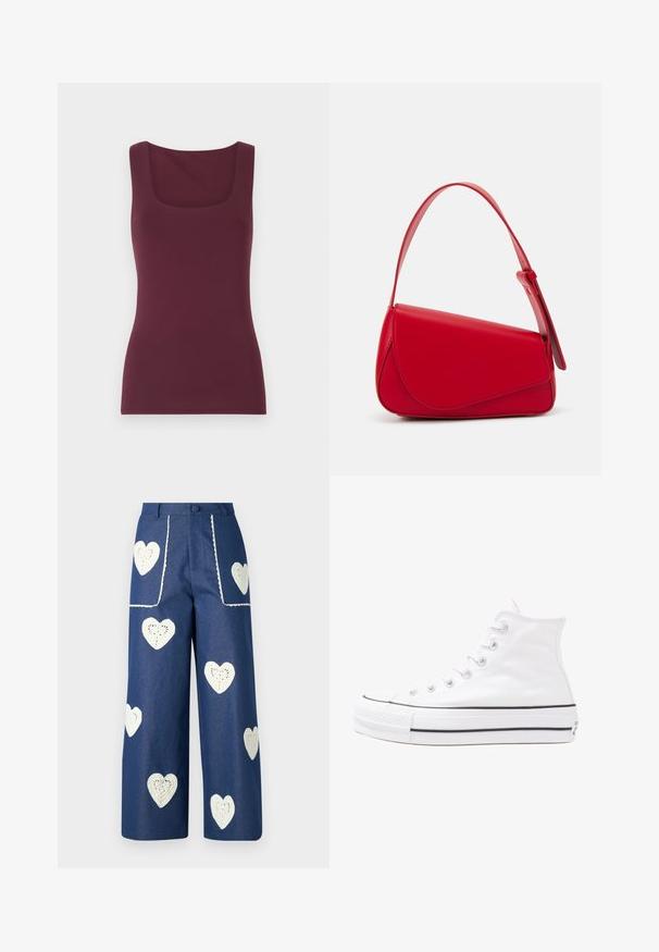 Bordeaux ermeløs topp med firkantet utringning, laget av myk, elastisk stoff, med en tettsittende silhuett og glatt tekstur.; Sister Jane HEART TO HEART - Jeans straight leg - blue denim; Hvit høy-skinn kanvas sneakers med svart gummisåle, gummitåhette foran og seks hull for snorer, med et rent, minimalistisk design.; Rød lærveske med en vinklet, geometrisk design. Har en enkelt justerbar stropp og en klaffelukking med sydd detaljer.