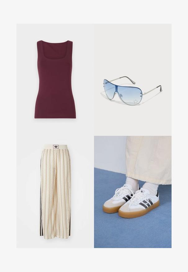 Top sans manches bourgogne avec un décolleté carré, fabriqué à partir d'un tissu doux et extensible, présentant une silhouette ajustée et une texture lisse.; Pantalons larges crème avec un motif en zigzag, dotés d'une ceinture logo noire et de bandes noires sur les côtés. Tissu léger et texturé.; Baskets blanches avec des rayures noires et des accents en daim beige. Elles présentent une semelle en gomme texturée et des lacets plats blancs, portées avec des chaussettes claires.; Lunettes de soleil aviateur avec des verres dégradés bleus, une monture en métal argenté et des accents décoratifs en forme d'étoile sur les verres. Design lisse et élégant.