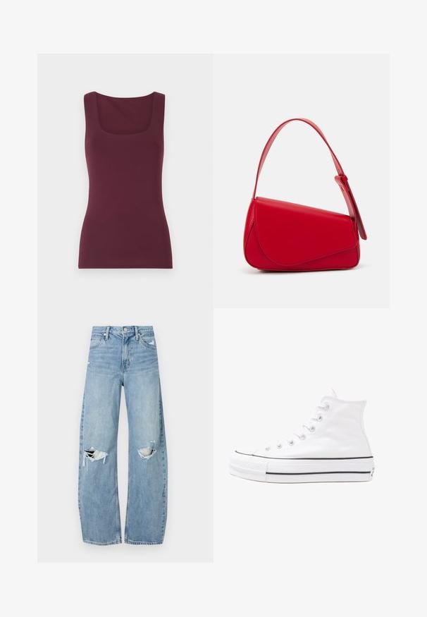 Top fără mâneci de culoare burgundy, cu decolteu pătrat, realizat dintr-un material moale și elastic, având o siluetă ajustată și o textură netedă.; Jeans de denim, de un bleu deschis, cu talie înaltă. Au picioare late, două zone rupte la genunchi și un stil clasic cu cinci buzunare.; Adidași albi tip pantofi sport cu glezna din pânză, cu talpă din cauciuc negru, capac de vârf din cauciuc frontal și șase ochiuri pentru șireturi, având un design curat și minimalist.; Geantă de mână din piele roșie, cu un design unghiular și geometric. Dispune de o singură curea ajustabilă și un sistem de închidere cu clapetă, cu detalii cusute.