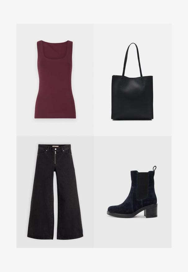 Top sans manches bourgogne avec un décolleté carré, fabriqué à partir d'un tissu doux et extensible, présentant une silhouette ajustée et une texture lisse.; Jean large en denim noir avec une fermeture éclair à l'avant, un design à cinq poches et des détails de couture subtils. Texture lisse et style décontracté.; Bottines en suede bleu marine avec panneau latéral élastique, bout rond et talon carré. Le tissu texturé et la semelle lisse ajoutent du contraste.; Sac fourre-tout en cuir noir avec une texture lisse, de forme rectangulaire et deux longues poignées. Pas de matériel ou d'ornementations visibles.