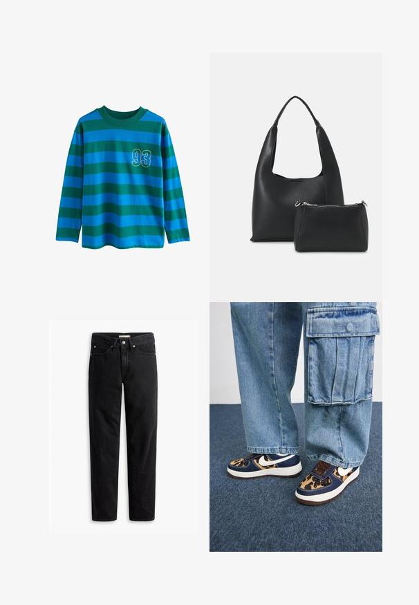 Garās piedurknes krekls ar ziliem un zaļiem horizontāliem svītrām, ar apaļu kakla izgriezumu un dzeltenā kontūrā numuru "93" uz krūškurvja.; Melni taisni legingi džinsi ar pogu un rāvējslēdzēju, jostas cilpām, priekšējām un aizmugurējām kabatām, izlikti uz balta fona.; Tumši zili sporta apavi ar leoparda raksta akcentiem, baltu Nike swoosh, brūnām šņorēm un baltu starpsoļu daļu. Saskaņoti ar gaišiem denim cargo biksēm.; Even&Odd Rokassoma - black