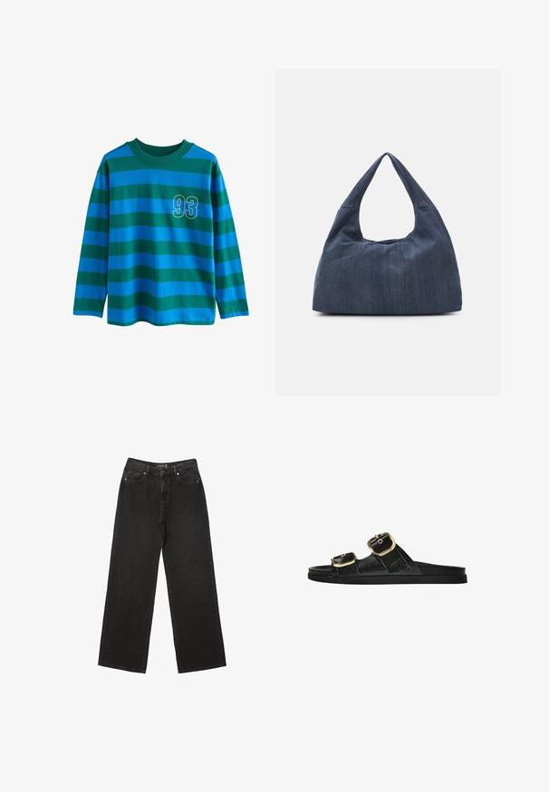 Langærmet skjorte med blå og grønne vandrette striber, rund hals, og et gult omrids nummer "93" på brystet.; Sorte brede jeans lavet af denim, med små prikkede mønstre, klassisk fem-lomme design og en knap- og lynlåslukning.; Sort skridsandal med to guldspænder, glat tekstureret materiale, flad sål og et minimalistisk design.; Mørkeblå denimtaske med en blød, slasket form, der har et hobo-stil håndtag og en struktureret overflade. Ingen synlige metaldele.