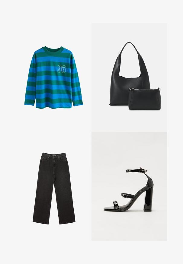 Langarmshirt mit blauen und grünen horizontalen Streifen, Rundhalsausschnitt und einer gelb umrandeten Zahl "93" auf der Brust.; Schwarze weit geschnittene Jeans aus Denim, mit kleinen gepunkteten Mustern, klassischem Fünf-Taschen-Design und einem Knopf- und Reißverschluss.; Schwarze patentierte Sandalen mit Absatz, quadratischer Spitze, Knöchelriemen und silbernen Schnallen. Mit einem stabilen Blockabsatz für mehr Stabilität.; Even&Odd SET - Handtasche - black