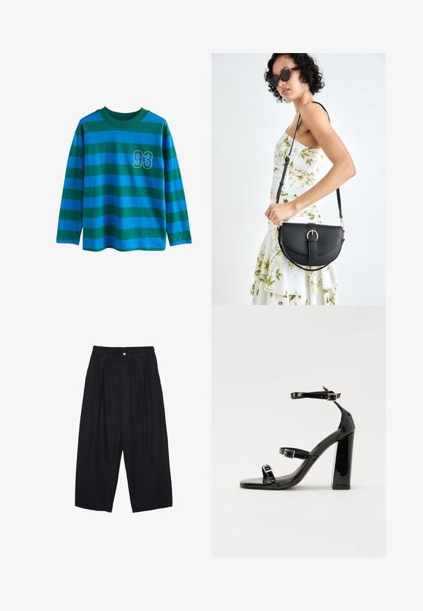 Langærmet skjorte med blå og grønne vandrette striber, rund hals, og et gult omrids nummer "93" på brystet.; Sorte polyester culotte bukser med elastisk talje, to forpiber og en løs silhuet. Ingen synlige mønstre eller hardware detaljer.; Sorte patenterede hælsandaler med firkantet tå, ankelremme og sølvspænder. Har en chunky blokHæl for stabilitet.; Sort læderhåndtaske med en buet form, aftagelig rem og guldfinish. Tasken har en klap med en spænde detalje.