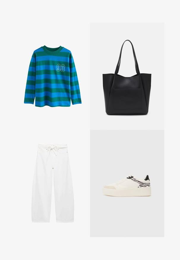 Tričko s dlhým rukávom s modro-zelenými horizontálnymi pruhmi, s okrúhlym výstrihom a žltým číslom "93" na hrudi.; Biele široké nohavice vyrobené z ľahkej tkaniny, s pásom na šnúrku, dvoma prednými vreckami a jednoduchými kovovými ozdobami.; Even&Odd Tenisky - white/black; Čierna taška na rameno vyrobená z hladkého syntetického materiálu, s dvoma dlhými rúčkami a prednou vreckom na sklzu. Otvorený vrch s ostrým dizajnom.