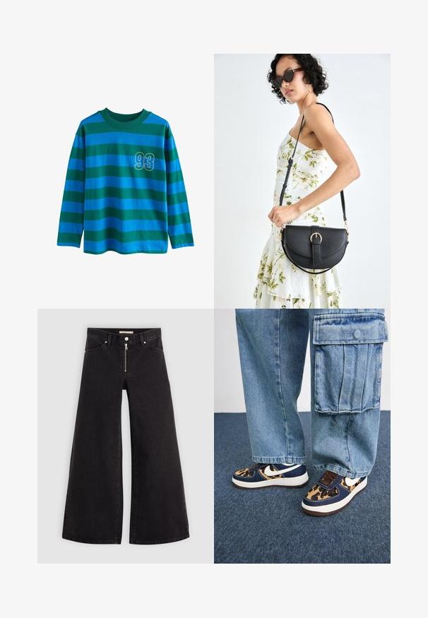 Langærmet skjorte med blå og grønne vandrette striber, rund hals, og et gult omrids nummer "93" på brystet.; Vide ben jeans i sort denim med lynlås foran, fem lomme-design og subtile stikninger. Glat tekstur og afslappet stil.; Marineblå sneakers med leopardprint-detaljer, hvid Nike swoosh, brune snørebånd og hvid mellemsål. Kombineret med lyse denim cargo-bukser.; Sort læderhåndtaske med en buet form, aftagelig rem og guldfinish. Tasken har en klap med en spænde detalje.