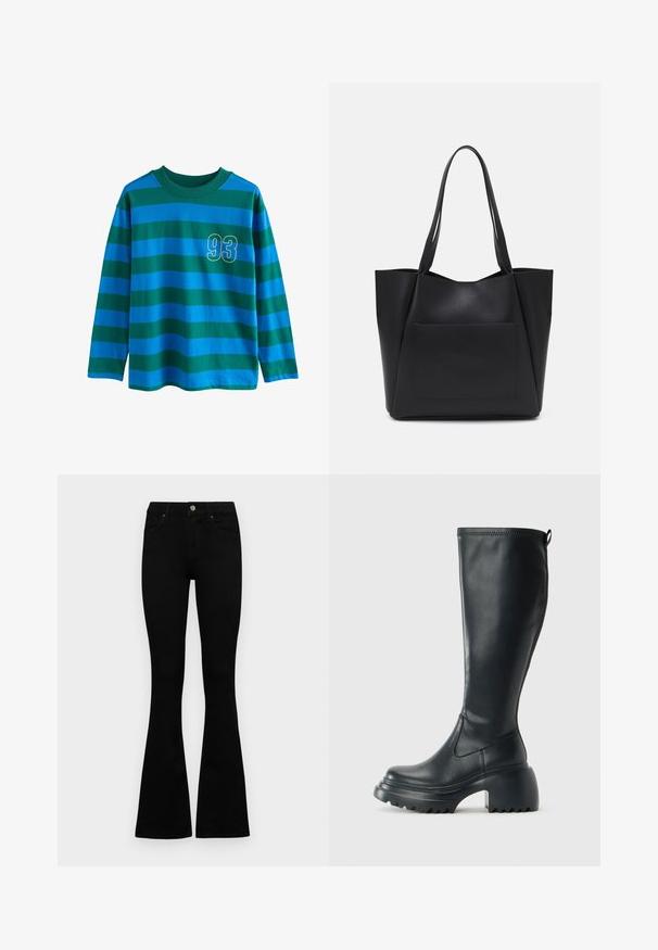 Majica s dugim rukavima, plave i zelene horizontalne pruge, kruži izrez, i broj "93" u žutom okviru na prsima.; Crne traperice viskog struka s kopčanjem na gumb i rajfeslusu, prednjim džepovima i širom nogavicama položene su ravno na bijeloj pozadini.; Visoke crne kožne čizme s debelim platformskim đonom i blok petom, s patentom za povlačenje i teksturiranim uzorkom na potplatu.; Crna torba od glatkog sintetičkog materijala, s dvije duge ručke i prednjim džepom bez zatvarača. Otvoreni vrh s kutnim dizajnom.