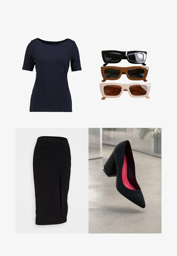 T-paita tummansinisestä puuvillasta, jossa on lyhyet hihat. Sekoittaa avonaisen kaula-aukon ja rento malli, jossa on sivuhalkiot liikkumisen helpottamiseksi.; Musta, rypytetty kynähame, jossa on solmuseikkaus ja sivurako. Valmistettu joustavasta kankaasta, joka tarjoaa sileän pinnan ja vartaloon kiinnittyvän muodon.; Musta korkokenkä, jossa on terävä kärki, teksturoitu pinta ja kirkkaan vaaleanpunainen sisus. Varustettu tukevalla kannalla, jossa on hopeinen yksityiskohta.; Kolme paria suorakulmaihuonoja aurinkolaseja. Ylhäällä: kiiltävät mustat kehykset tummilla linsseillä. Keskellä: matta ruskeat kehykset. Alaosassa: kermaiset kehykset ruskeilla linsseillä.