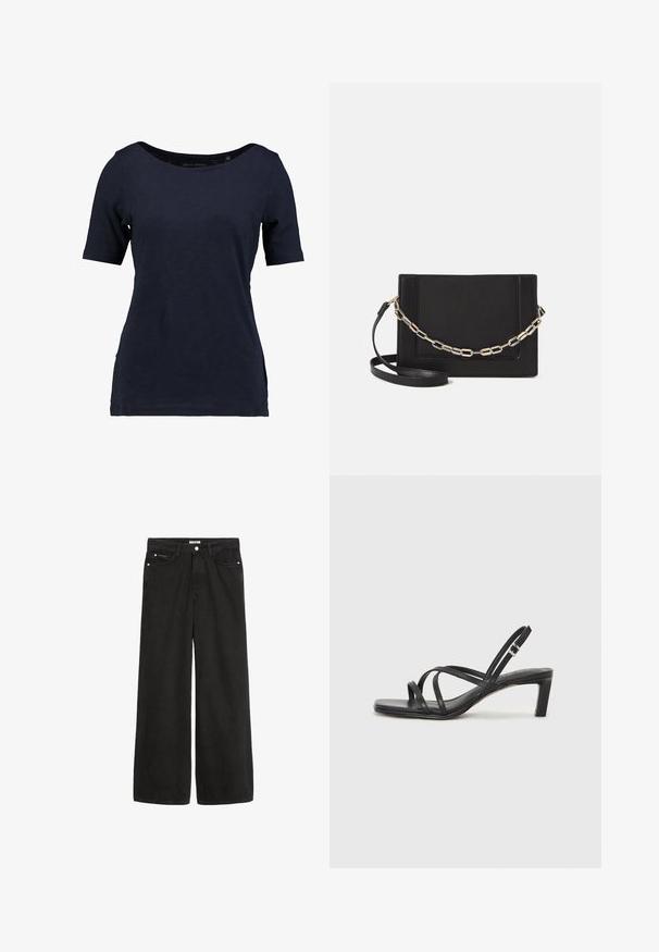 Navy blue short-sleeve t-shirt made of cotton. Features a scoop neckline and a relaxed fit with side slits for ease of movement.; Wide-leg black denim jeans with a high waist. Features five pockets, metal hardware, and a clean finish. The texture is smooth and soft.; Black strappy sandal with a square toe and a low block heel. Features multiple thin straps and an adjustable ankle strap. Made of smooth leather.; Black leather crossbody bag featuring a smooth texture, rectangular shape, and a metallic chain detail on the front. Adjustable strap included.